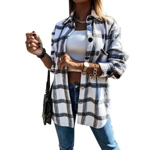 Revers lang mouwen plaid cardigan shirt losse casual wollen jas voor dames (kleur: wit maat: L)