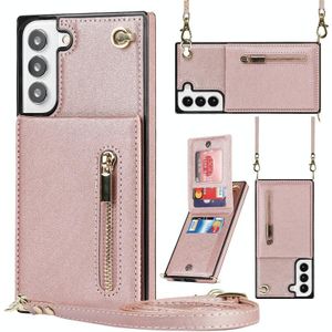 Voor Samsung Galaxy S22 + 5G Cross-Body Square Zipper Card Houder Tas Telefoon Case (Rose Gold)