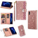 Voor iPhone X / XS Multi-card Slots Starry Sky Laser Carving Glitter Zipper Horizontale Flip Lederen Case met Holder & Wallet & Lanyard(Rose Gold)