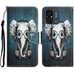 Voor Xiaomi Redmi 12C gekleurde tekening lederen telefoonhoes (oortelefoon olifant)