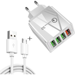2 in 1 1m USB naar Micro USB Data Cable + 30W QC 3.0 4 USB Interfaces Mobile Phone Tablet PC Universal Quick Charger Travel Charger Set  EU Plug(White)