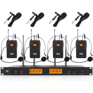 XTUGA A400-B Professioneel 4-kanaals UHF draadloos microfoonsysteem met 4 bodypack lavalier-headsetmicrofoon (EU-stekker)