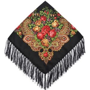 Zwarte etnische stijl retro kwast vierkante sjaal bloem patroon hoofddoek sjaal  grootte: 90 x 90cm