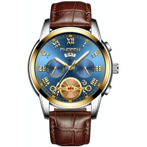 FNGEEN 4001 Heren niet-mechanisch horloge multi-functie Quartz Horloge  kleur: bruin ledergoud blauw oppervlak