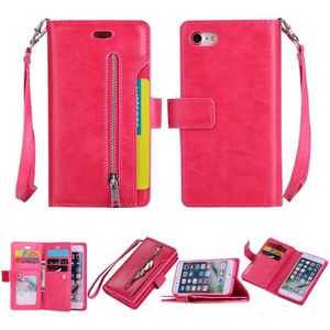 Voor iPhone SE 2020 / 8 / 7 Multifunctionele Rits Horizontale Flip Lederen Case met Holder & Wallet & 9 Card Slots & Lanyard(Rose Red)