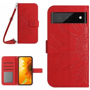 Voor Google Pixel 7 Skin Feel Sun Flower Pattern Flip Leather Phone Case met Lanyard (Rood)