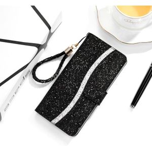 Voor Samsung Galaxy A71 Glitter Powder Horizontale Flip Lederen case met kaartslots & houder & lanyard(zwart)