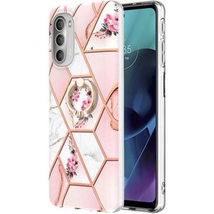 Voor Motorola Moto G51 5G splitsen marmeren bloempatroon TPU ringhouder (roze bloem)