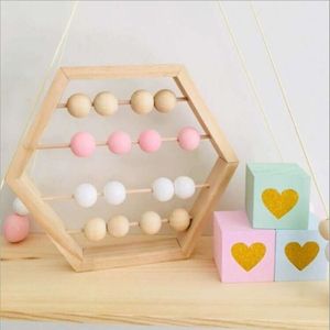 Natuurlijke houten Abacus kralen ambachtelijke baby vroege leren educatieve speelgoed baby kamer decor (hout wit roze)