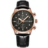 Ochstin 6042B multifunctioneel zakelijk leer waterdicht lichtgevend quartz herenhorloge (rosgoud + zwart)