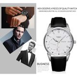 YAZOLE 427 mannen Fashion Business PU lederen Band Quartz Wrist Watch  lichtgevende punten (White Dial + zwarte band)