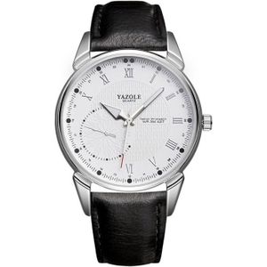 YAZOLE 427 mannen Fashion Business PU lederen Band Quartz Wrist Watch  lichtgevende punten (White Dial + zwarte band)
