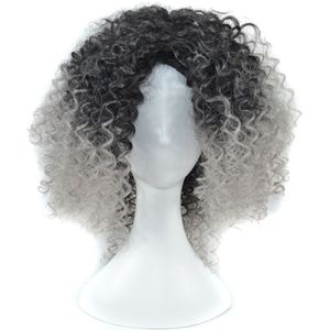 T191006 Europese en Amerikaanse pruik hoofddeksels met korte en kleine krullend haar voor vrouwen (lichtgrijs)