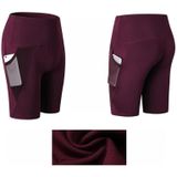 High Waist Mesh Sport Tight Elastic Quick Drying Fitness Shorts With Pocket (Color:Wine Red Size:XL)