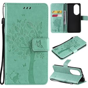For Huawei P50 Pro Tree & Cat Pattern Pressed Printing Horizontal Flip PU Leather Case with Holder & Card Slots & Wallet & Lanyard(Green)