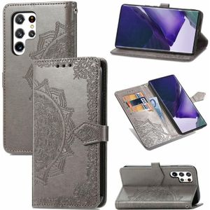 Voor Samsung Galaxy S22 Ultra 5G Mandala Bloem Relif Horizontale Flip Lederen Case met Houder & Card Slots & Wallet & Lanyard (Gray)