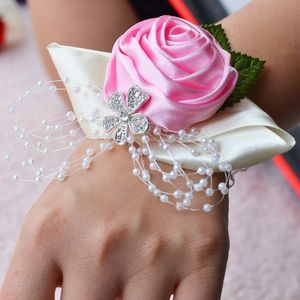 Handgemaakte Wedding Bride pols bloem corsages boeket Corsage Diamond satijn Rose Flowers(Pink)