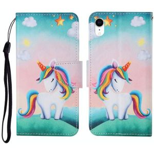 Voor iPhone XR geschilderd patroon horizontale flip leathe geval (regenboog eenhoorn)