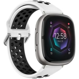 Voor Fitbit Sense tweekleurige geperforeerde ademende siliconen horlogeband (wit + zwart)
