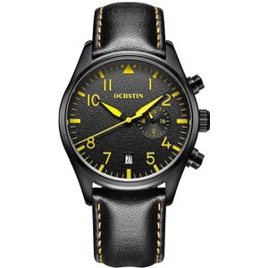 Ochstin 5043C multifunctionele zakelijke waterdichte lederen band quartz horloge (zwart + zwart + geel)