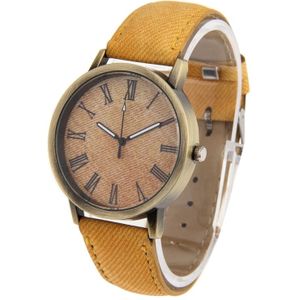 Denim textuur stijl ronde wijzerplaat Retro digitaal Display vrouwen & mannen Quartz horloge met PU leder Band(Yellow)