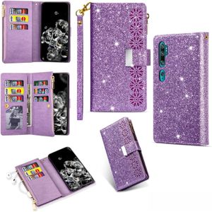 Voor Xiaomi Note 10 Pro Multi-card Slots Starry Sky Laser Carving Glitter Zipper Horizontale Flip Lederen Case met Holder & Wallet & Lanyard(Paars)