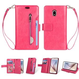 Voor Samsung Galaxy J3 (2018) / Galaxy J7 (2018) Multifunctionele Rits Horizontale Flip Lederen case met Holder & Wallet & 9 Card Slots & Lanyard(Rose Red)