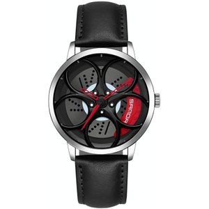 Sanda 1070 3D Ovaal Hol Wiel Niet-roteerbaar Dial Quartz Horloge voor Mannen  Stijl: Lederen Belt (Silver Red)