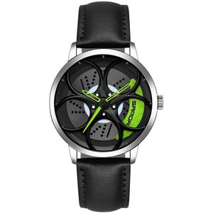 Sanda 1070 3D Ovaal Holle Wiel Niet-draaibaar Dial Quartz Horloge voor Mannen  Stijl: Lederen Belt (Silver Green)