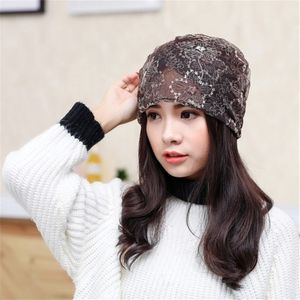 Dubbelgebruike dubbellaagse Lace Wrap Cap Stacking Cap(Koffie)