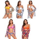 Bikini + mesh sjaal + gesplitst zwempak vrouwen zwempak met borstkussen  maat: l (witte oranje bloemen)