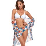 Bikini + mesh sjaal + gesplitst zwempak vrouwen zwempak met borstkussen  maat: l (witte oranje bloemen)