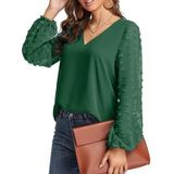 V-hals chiffon wollen bal decoratieve lange mouw blouse (kleur: groen maat: L)