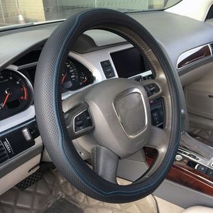 Universal Car Genuine Leather Double Needlework Steering Wheel Cover  Diameter: 38cm (Blauw)