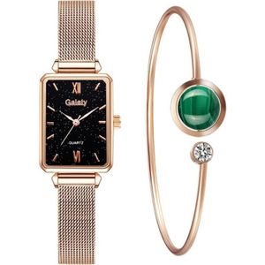 Gaiety G690 Intrekbare Magneet Gesp Dames Mesh Belt Kleine vierkante wijzerplaat Bracelet horloge (Rose Gold Black Dial + H138)