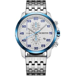 OCHSTIN 7079 multifunctioneel quartz waterdicht lichtgevend stalen band herenhorloge (zilverblauw 01)