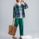 Groot formaat Womens Tweedelige losse en dunne radijs broek Western Style Pak (Kleur: Groene maat: L)