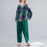 Groot formaat Womens Tweedelige losse en dunne radijs broek Western Style Pak (Kleur: Groene maat: L)