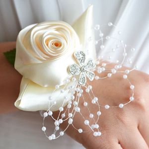 Handgemaakte Wedding Bride pols bloem corsages boeket Corsage Diamond satijn Rose Flowers(White)
