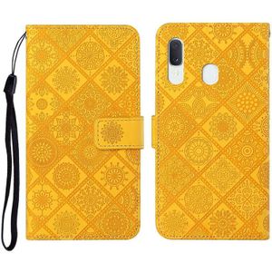 Voor Samsung Galaxy A20e Ethnic Style Embossed Pattern Horizontale Flip Lederen Case met Holder & Card Slots & Wallet & Lanyard(Geel)