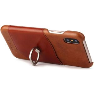 Fierre Shann voor iPhone X kleur Matching echte lederen terug dekken hoes met 360 graden rotatie houder & Card Slot(Brown)