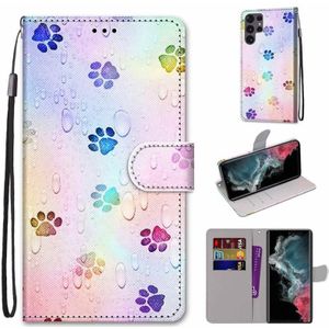 For Samsung Galaxy S22 Ultra 5G Coloured Drawing Cross Texture Horizontal Flip Leather Phone Case with Holder & Card Slots & Wallet & Lanyard(Footprint Water Drops)