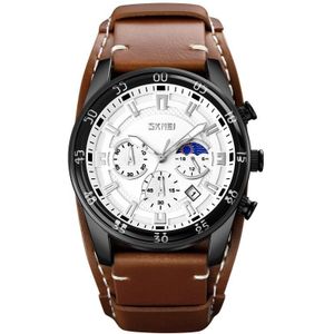 SKMEI 9249 Mannen Moonphase Calendar Stopwatch Lederen band Quartz horloge (bruin zilver)