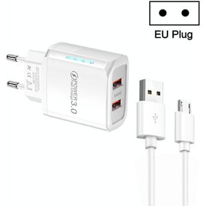 36W Dual Port QC3.0 USB-oplader met 3A USB naar micro-USB-datakabel  EU-stekker