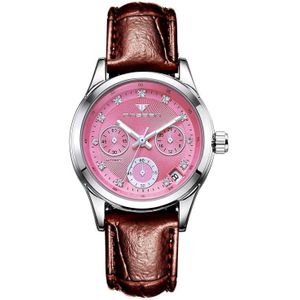 FNGEEN 3579 Dames Fashion Hollow Automatische Mechanische Horloge Kalender Horloge (Lederen Riem Roze Oppervlak)