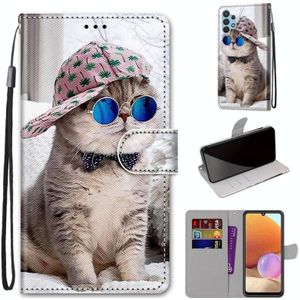 Voor Samsung Galaxy A32 4G / A32 Lite gekleurde tekening cross textuur horizontale flip PU lederen hoesje met houder  kaart slots & portemonnee & lanyard (schuine hoed blauwe spiegel kat)