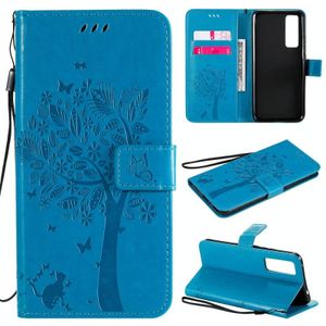 Voor Huawei Nova 7 Tree & Cat Embossed Pattern Horizontale Flip Lederen Case met Holder & Card Slots & Wallet & Lanyard(Blue)