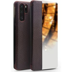 Voor Huawei P30 Pro QIALINO Lederen Zijruit View Smart Phone Case (Bruin)