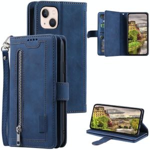 Voor iPhone 15 Plus Nine Card Zipper Bag Leather Phone Case met Lanyard