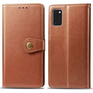 Voor Galaxy A41 Retro Solid Color Leather Buckle Phone Case met Lanyard & Photo Frame & Card Slot & Wallet & Stand Function(Brown)